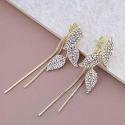 BEYTER Stainless Steel Rhinestones Studded Leaf Shaped Drop Earrings-37