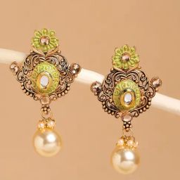 OOMPH Jewellery Mint Green Enamel Kundan & Pearl Ethnic Drop-24