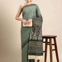 SHANVIKA Dusty Green Cotton Printed Saree With Unstitched Blouse-picture-6