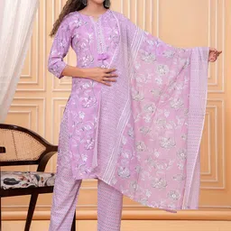 OH MI DIOS Women Floral Printed Cotton Kurta with Trousers & Dupatta-24
