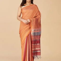 Fabindia Orange Silk Woven Saree Without Blouse-image-50