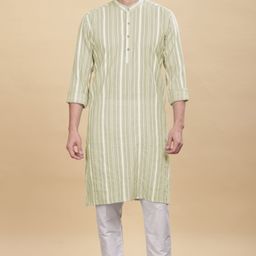 Anouk Green Striped Band Collar Cotton Straight Kurta-image-58