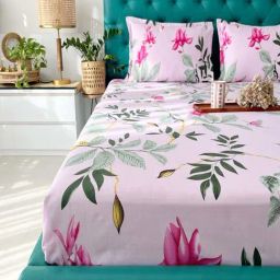 Urban Space Rose Pink & Green Cotton 200 TC King Bedsheet with 2 Pillow Covers-31
