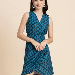 Moomaya Teal & Black Printed A Line Dress-image-51