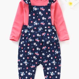 Babyhug Cotton Full Sleeves Solid Tee & Dungaree Set Floral Print - Pink-image-32