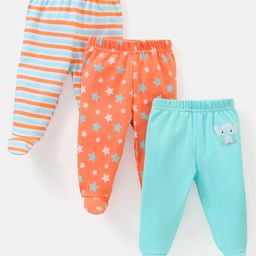 Babyhug Cotton Footed Bootie Leggings Striped & Stars Printed Pack of 3 - Orange & Blue-image-80