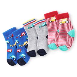 Cute Walk By Babyhug Anti Bacterial Ankle Length Socks Stripes & Construction Vehicle Design Pack Of 3 - Grey Red & Blue-image-98