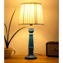 Green Girgit Blue Wooden Pillar Table Lamp With Pleeted Black Soft Shade-36