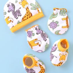 Babyhug 100% Cotton Cap Mittens & Booties Animal Print - Multicolour-image-14