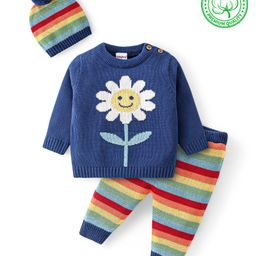 Babyhug Knitted Full Sleeves Pullover Striped Sweater Set with Cap & Floral Design - Navy Blue-picture-14