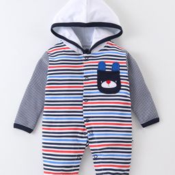 Mini Taurus Cotton Knit Full Sleeves Striped Hooded Romper with Pocket Detailing - Navy Blue-image-69