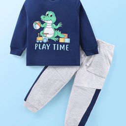 Babyhug Cotton Knit Full Sleeves T-Shirt & Lounge Pants Set With Play Time Croc Print - Blue & Grey-image-32