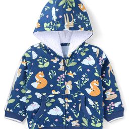 Babyhug Cotton Knit Full Sleeves Hooded Sweatjacket with Kangaroo Pockets Floral & Animal Print - Navy Blue-image-9