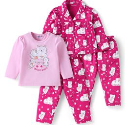 Babyoye Cotton Knit Full Sleeves Night Suit with Cat Print Pack Of 2 - Pink & Dark Pink-image-21