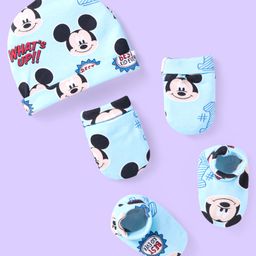 Babyhug Disney Interlock Knit Cap Mittens & Booties With Mickey Mouse Graphics - Light Blue-20