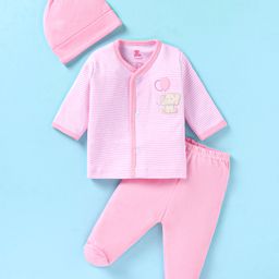 I Bears Cotton Knit Full Sleeves Striped T-Shirt & Footed Lounge Pants Set With Cap & Elephant Embroidery -Pink-image-83
