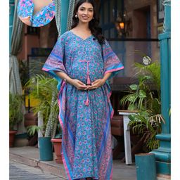 Aujjessa Cotton Batwing Sleeves Floral Printed Maternity Kaftan With Concealed Zipper Nursing Access - Turquoise & Multi Colour-2