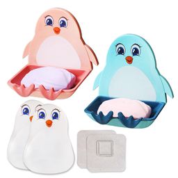 Funeiko Penguin Design Soap Case with Wall Mounted Stickers Pack of 2 Blue Pink-10