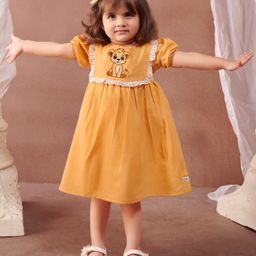 Tiny Twills LinenHalf Puffed Sleeves Cub Embroidered & Lace Embellished Dress - Yellow-image-2