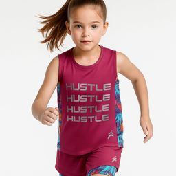 Pine Active Knit Sleeveless T-Shirt & Shorts Set with Hustle Text Print - Maroon-picture-25