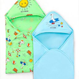 Babyoye 100% Cotton Knit With Eco Jiva Finish Hooded Towels With Birds & Beach Theme Print Pack of 2 L 83 x B 76 cm - Light Blue & Light Green-image-23