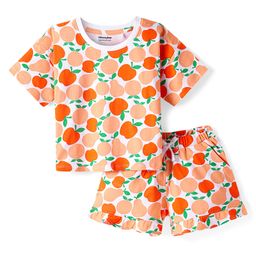 Honeyhap Premium100% Cotton Knit Half Sleeves Co-ords Shorts Night Suit with Bio Finish & Fruits Print - Bright White Cantaloupe & Carrot-image-19