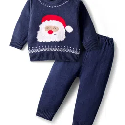 Babyhug Knit Full Sleeves Sweater Set with Santa Design - Navy Blue-picture-47