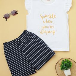 RAINE AND JAINE Cotton Knit Frill Sleeves Sparkle When You Are Sleeping Text Printed & Striped Night Suit Set - Black & White-image-60
