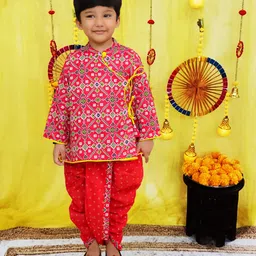 BownBee Pure Cotton Woven Full Sleeves Ethnic Motif Printed Kurta Dhoti Set - Red-picture-7