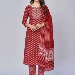 KALINI Women Floral Printed Thread Work Regular Pure Cotton Kurta with Trousers & Dupatta-33