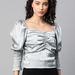 plusS Grey Sweetheart Neck Satin Finish Puff Sleeved Empire Top-picture-7