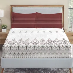 MYTRIDENT Rust & White Floral 210 TC King Bedsheet with 2 Pillow Covers-picture-27