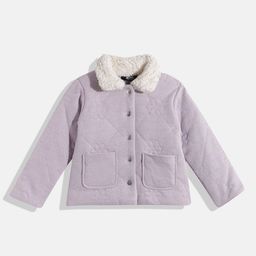 HERE&NOW Girls Floral Quilted Jacket With Faux Fur Trim-picture-4