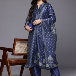 Varanga Women Floral Printed Chanderi Silk Kurta with Trousers & Dupatta-46