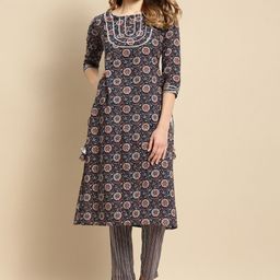Anouk Navy Blue Ethnic Motifs Printed  Gotta Patti Pure Cotton Kurta with Trouser-21