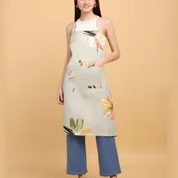 Arrabi Grey & Green Floral Printed Cotton Aprons With Pockets-57