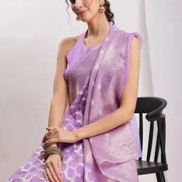 Janasya Women's Lavender Linen Blend Geometric Woven Design Jacquard Saree-picture-6
