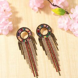 StyleCast Gold-Plated Rhinestone Studded Circular Shaped Tasselled Drop Earrings-image-20