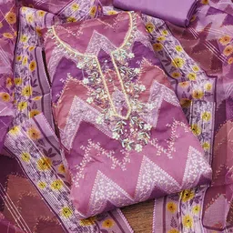 SAINOOR Geometric Printed Beads And Stones Organza Semi-Stitched Dress Material-image-3