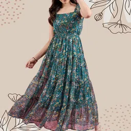 Deewa Floral Printed Georgette Fit & Flare Maxi Dress-image-9