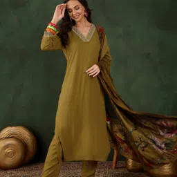 Sangria Thread Work V-Neck Straight Kurta With Trousers And Dupatta-image-84