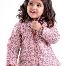 Babyhug Woven Full Sleeves Hooded Quilted Jacket Leopard Print - Pink-image-58