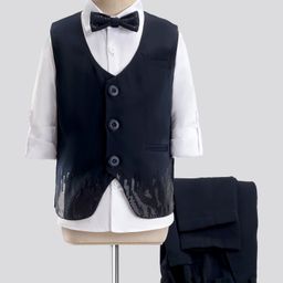 Robo Fry Full Sleeves Party Suit with Sequined Detailed Waist Coat & Bow - Navy Blue-picture-48