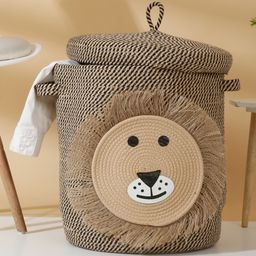 Hosta Homes Pure Cotton Cartoon Face Hand Woven Laundry Hamper With Cover Brown-15