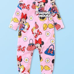 Babyhug Disney Interlock Knit Full Sleeves Sleepsuit With Minnie Mouse Print & Frill Detailing - Pink-image-32