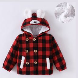 Kookie Kids Full Sleeves Hooded Winter Jacket with Checkered Design & Ears Applique - Red & Black-image-30