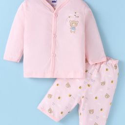 Simply InterlockKnit Full Sleeves Front Open Night Suit with Teddy Bear Print - Pink-22