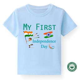 BLUSHES Independence Day Theme 100% Cotton Half Sleeves My First Independence Day Text Printed Tee - Powder Blue-image-75