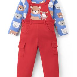 Babyhug Single Jersey Knit Dungaree and FullSleeves T-Shirt Set with Bear Print - Red & Blue-image-73