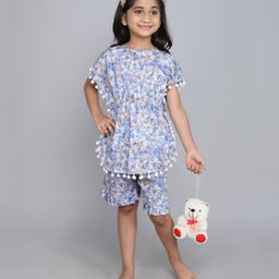 Little Clothing Cotton Woven Bat Wing Half Sleeves Floral Printed & Pompom Lace Detailed Kaftan Top & Coordinating Shorts Set - Blue-image-91